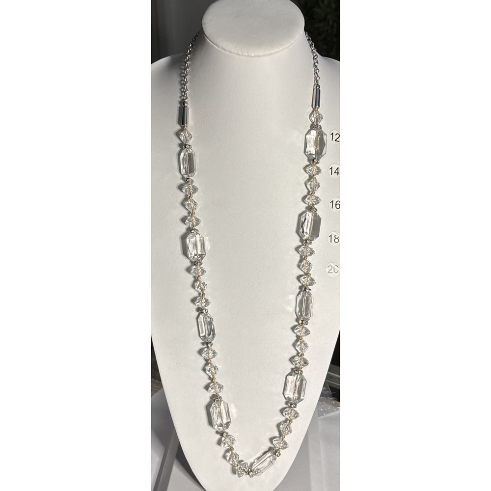 LOFT Long Clear Faceted Crystal Bead Necklace Silver Tone Layering Statement